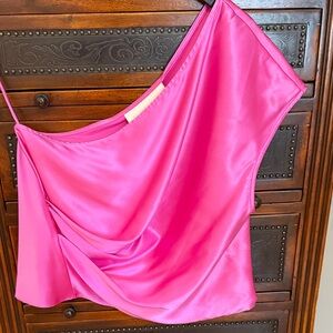 Hot Pink Satin One-Shoulder Cowl Tank